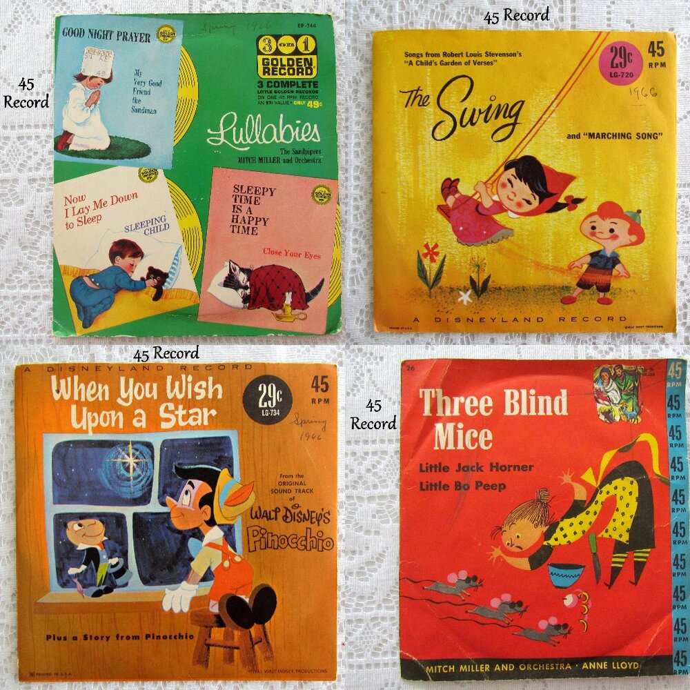 45 RPM KID'S RECORDS, LOT of 4 VINTAGE LULLABIES, THE SWING, THREE BLIND MICE +